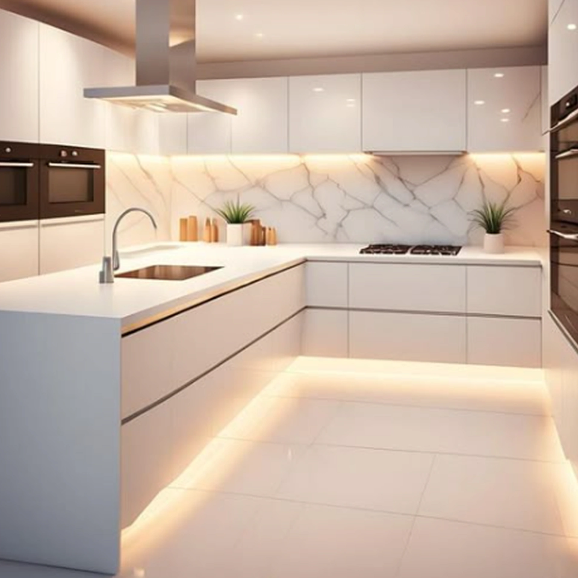 Cocina blanca con isla y luz LED