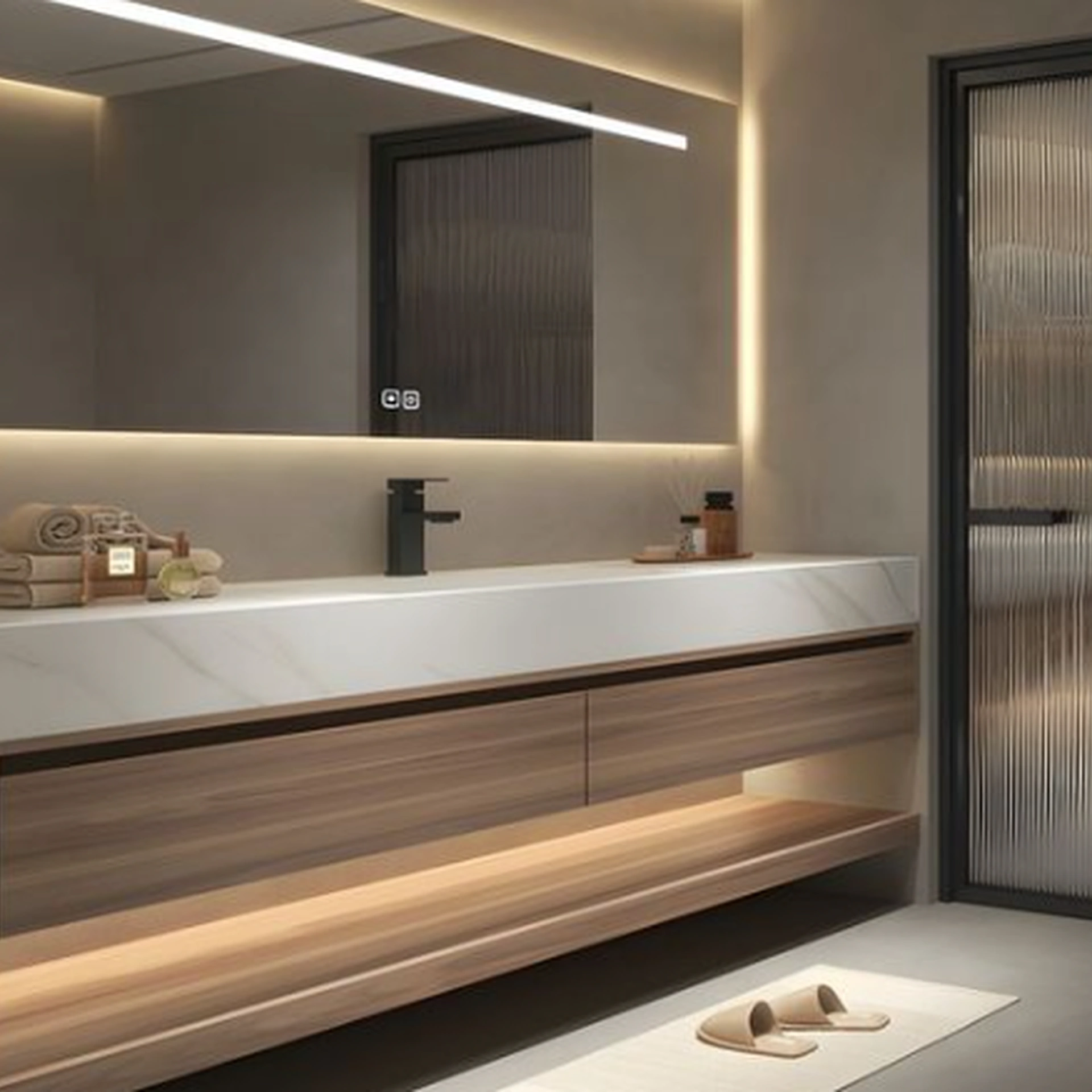 Mueble de baño flotante madera y blanco