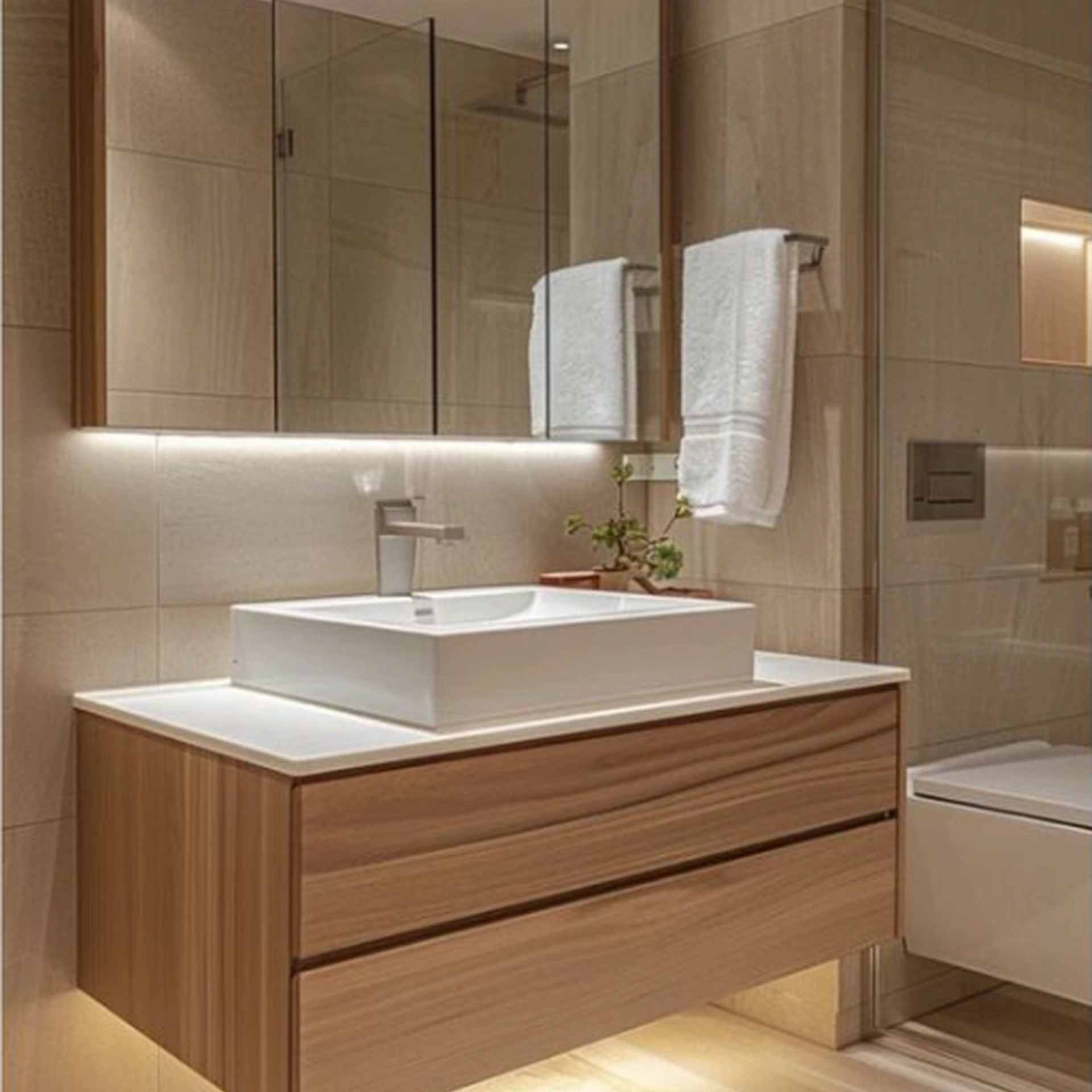 Mueble de baño flotante madera lavamanos cuadrado