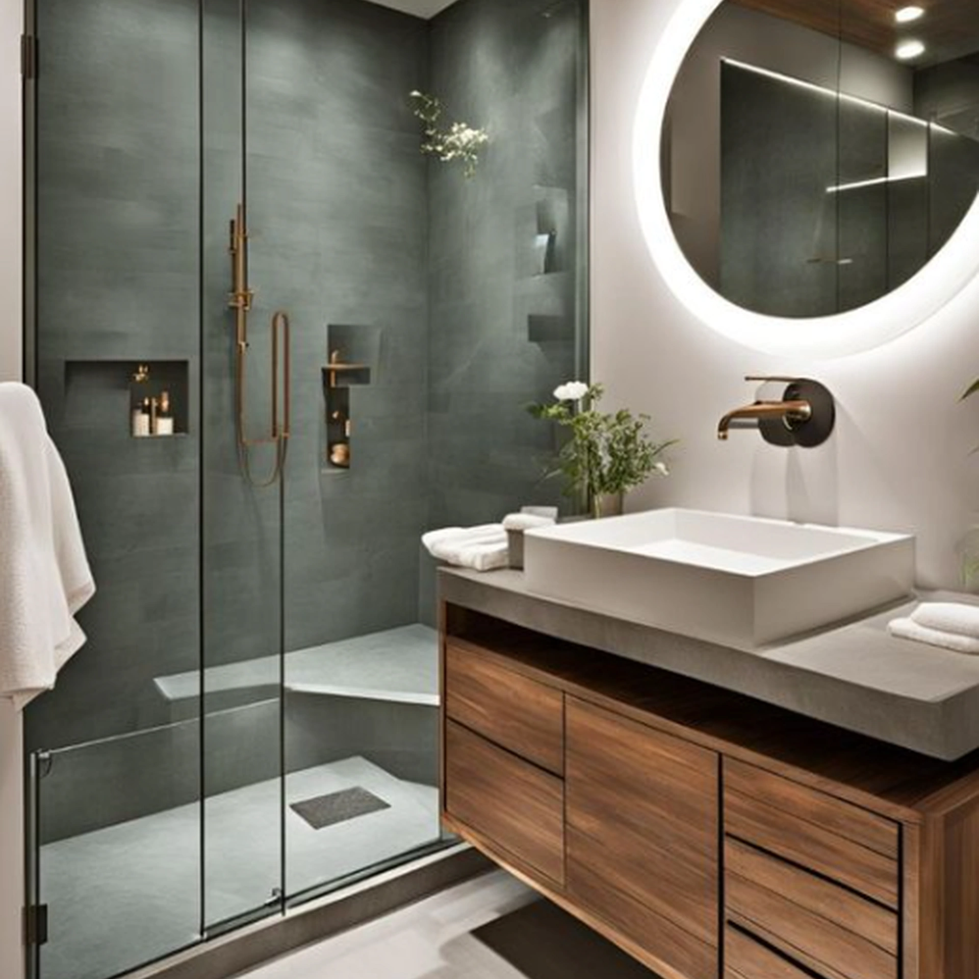 Mueble de baño premium en madera con ducha de vidrio - Muebles y Estilo Costa Rica