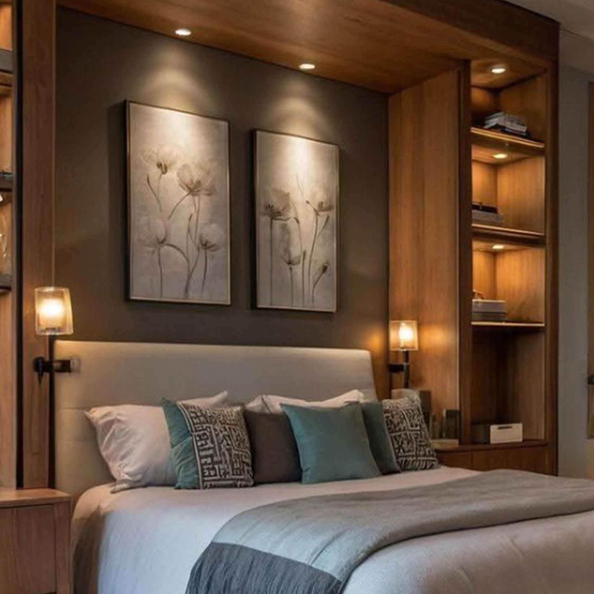 Dormitorio con cabecera y muebles en madera