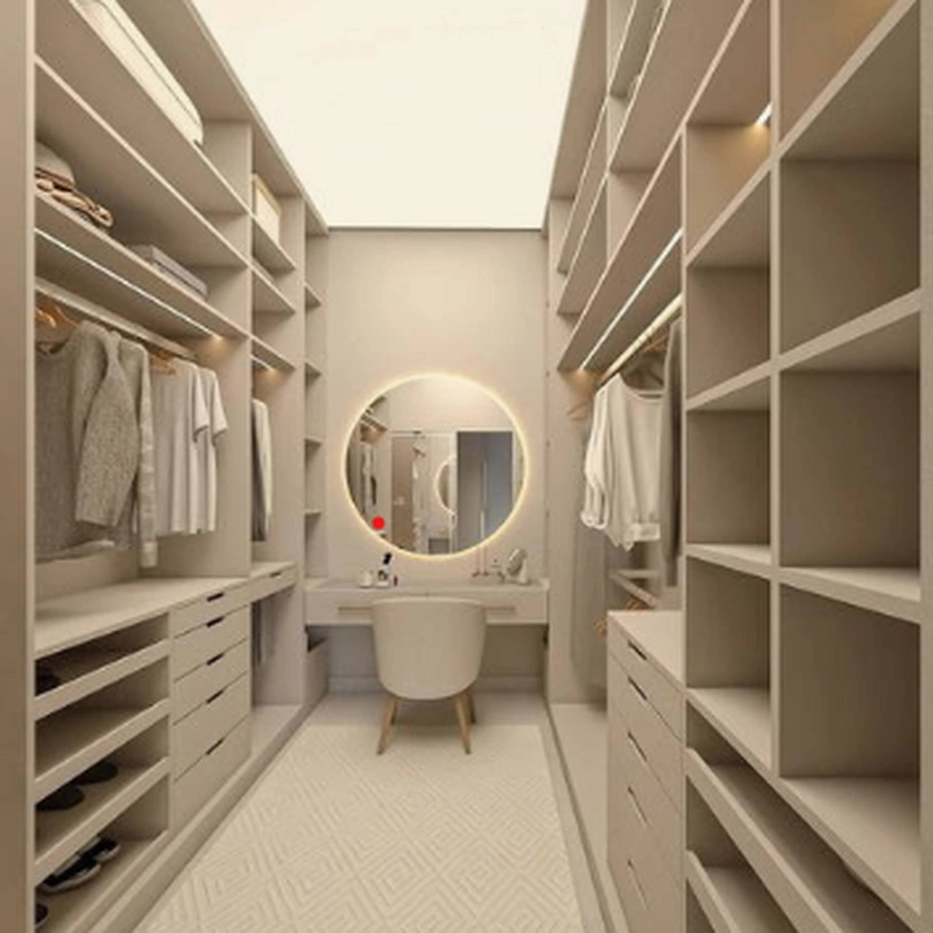 Walk-in closet blanco con tocador y espejo redondo