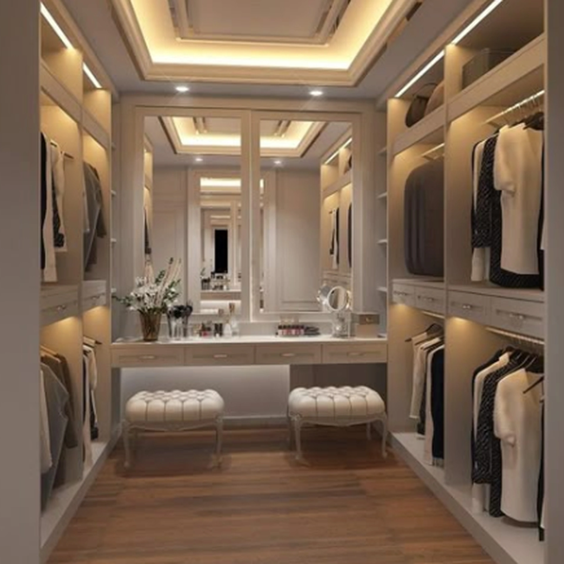 Walk-in closet con tocador y bancas